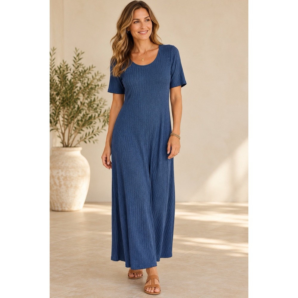 Soft Surroundings Blue Maxi Sweater Dress~S~Rib Knit Short Sleeve A Line Casual